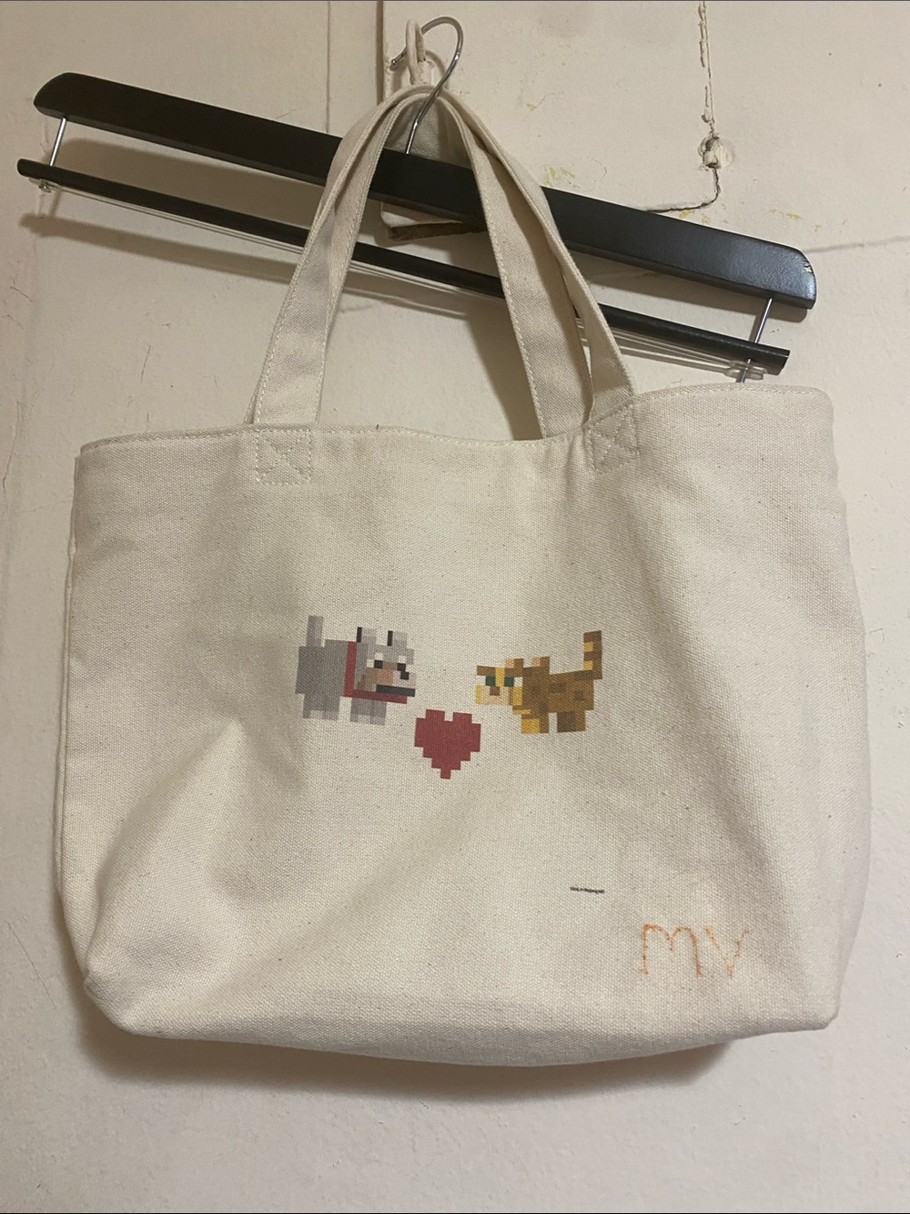 Uniqlo Cream Canvas Tote with Pixel Dog & Cat Heart Motif.Open to offers!